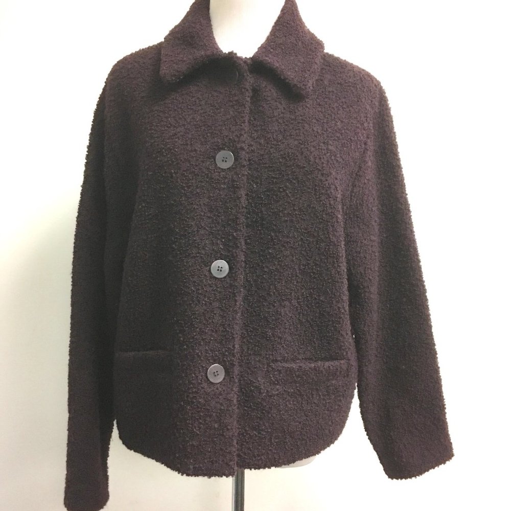Eileen Fisher burgundy black tweed boucle sherpa wool jacket coat M